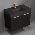 Nameeks DERIN714 Black Floating Bathroom Vanity, 32 Inch, Modern, Matte Black, Gold Handles